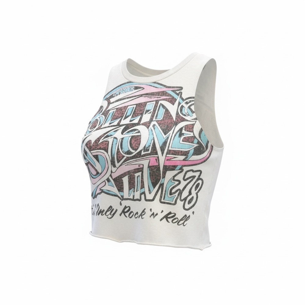 American Eagle Outfitters White Cropped Tank with Pink & Light Blue Graphic